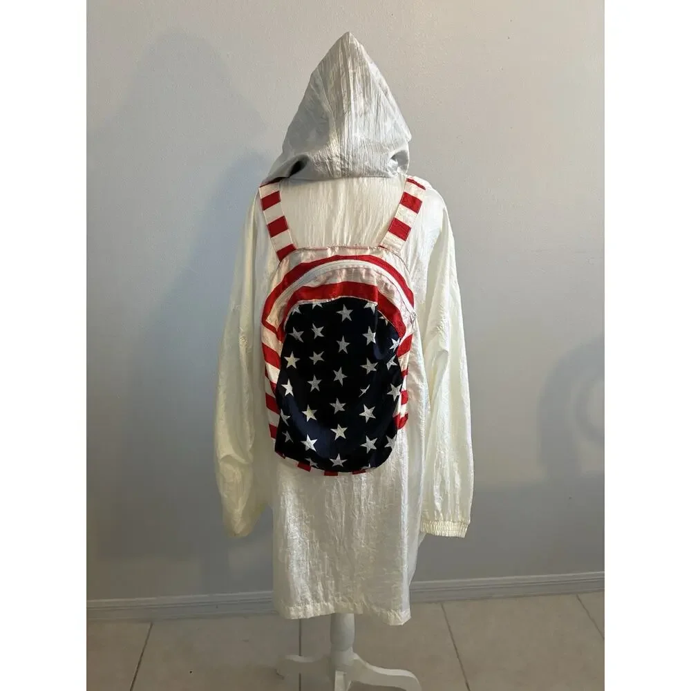 VTG 80s USA Flag Jacket Converts To Backpack Parachute Americana Stars Stripes L